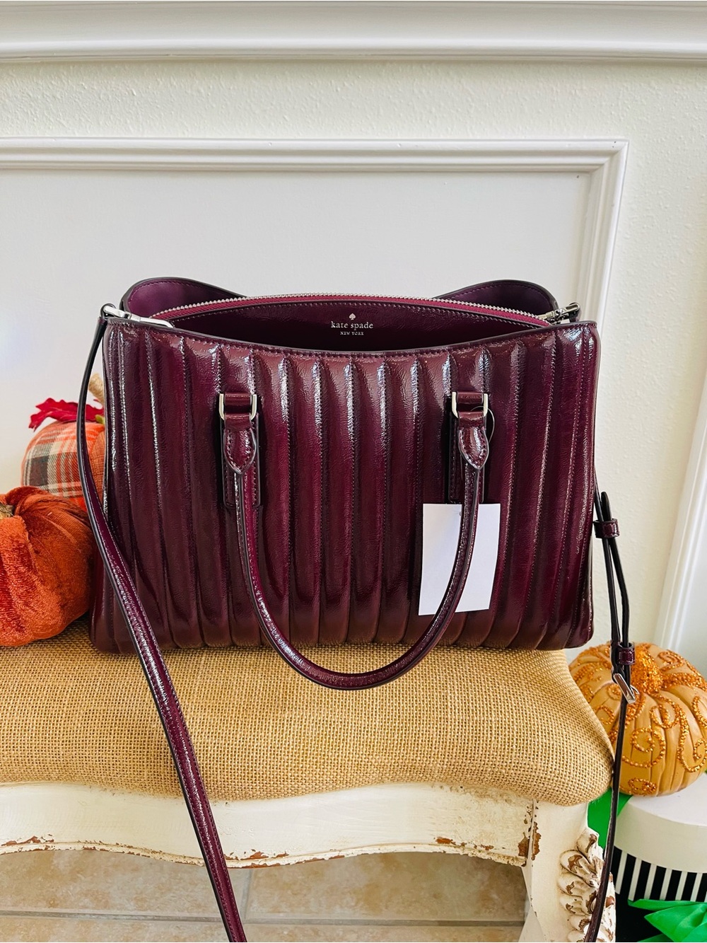 Kate Spade New York Thompson Street Shiny Quilted Satchel Bag Burgundy - Picture 16 of 16